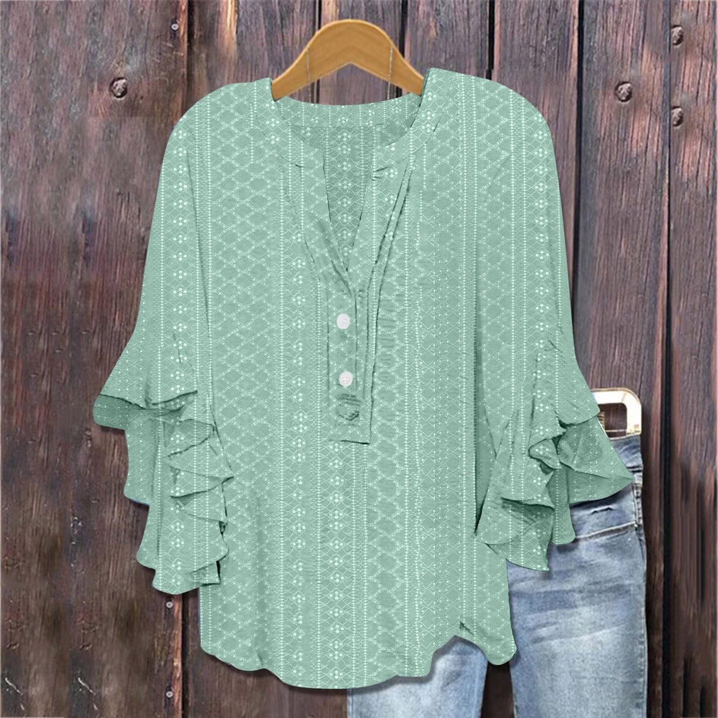 Printed Casual Trend V-neck Flounce Sleeve T-shirt