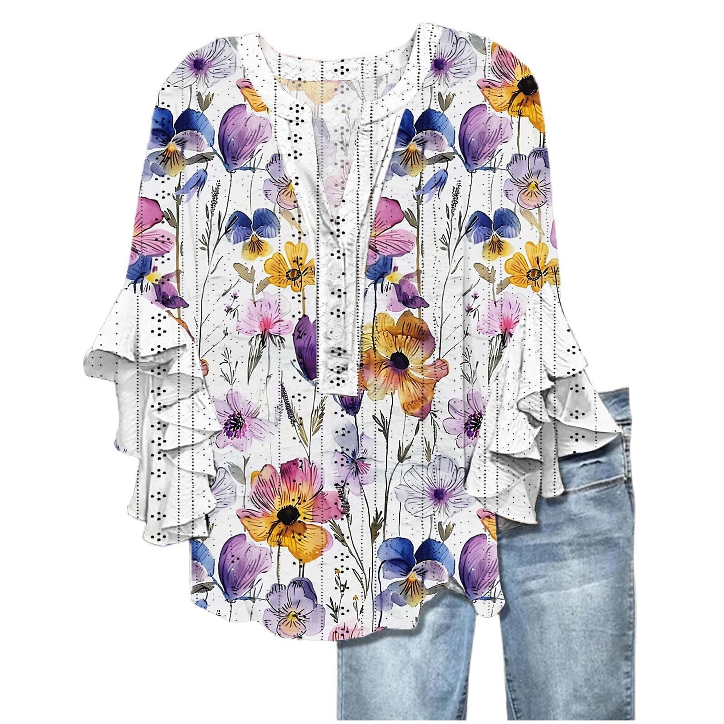 Printed Casual Trend V-neck Flounce Sleeve T-shirt