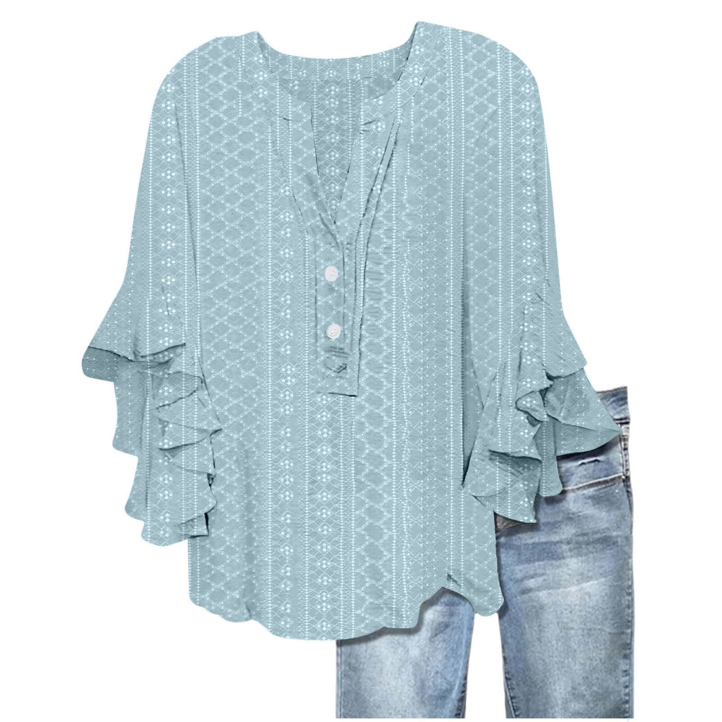 Printed Casual Trend V-neck Flounce Sleeve T-shirt