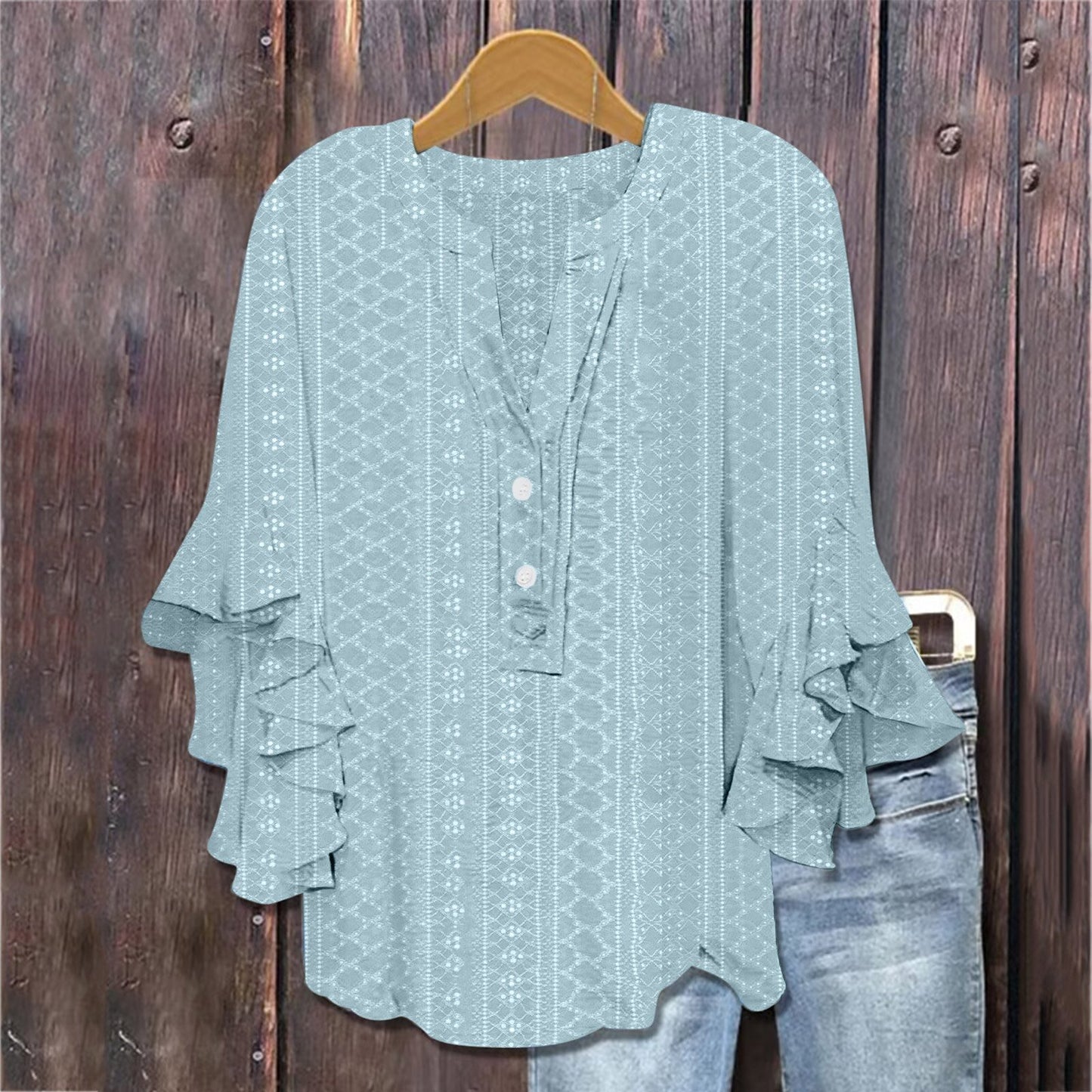 Printed Casual Trend V-neck Flounce Sleeve T-shirt