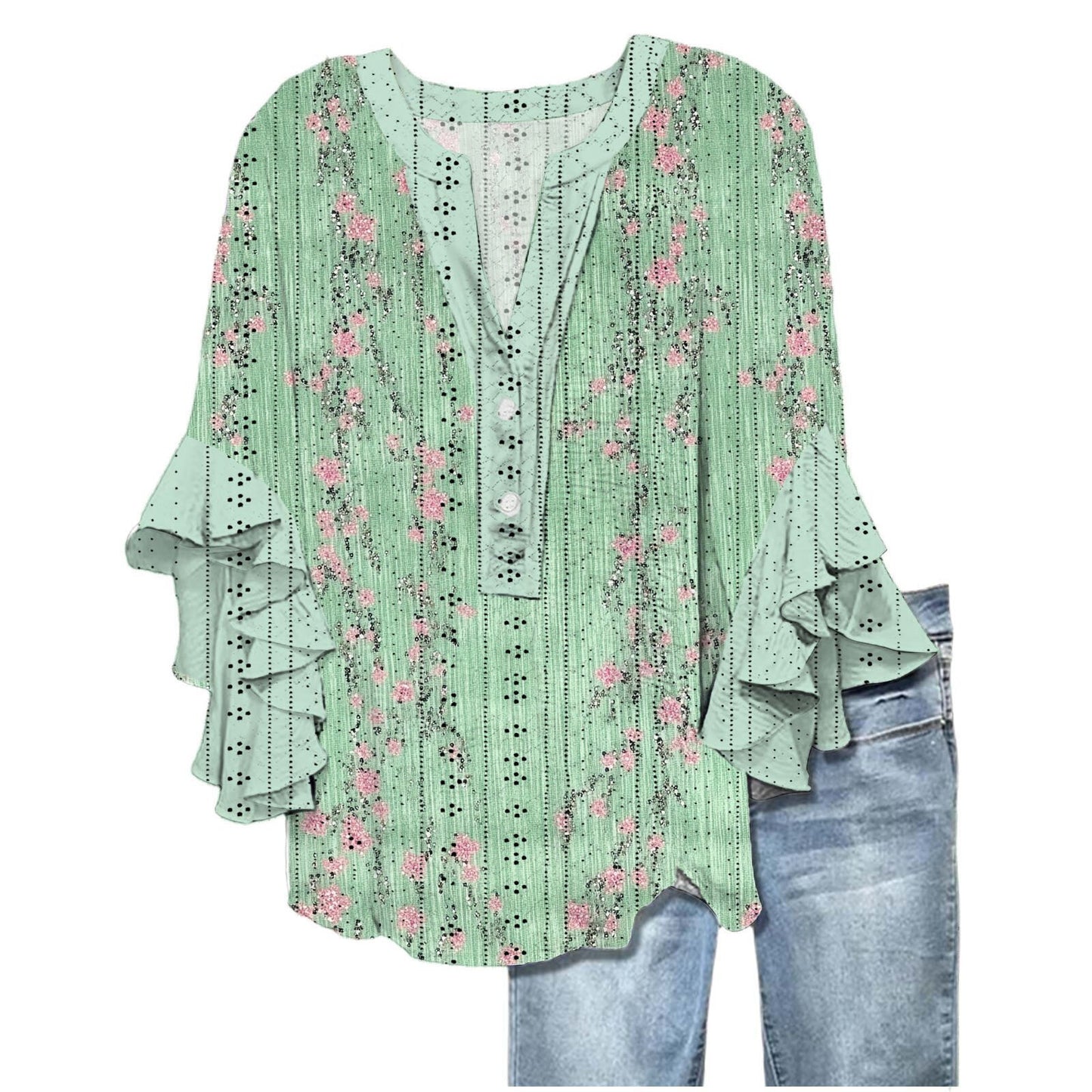 Printed Casual Trend V-neck Flounce Sleeve T-shirt
