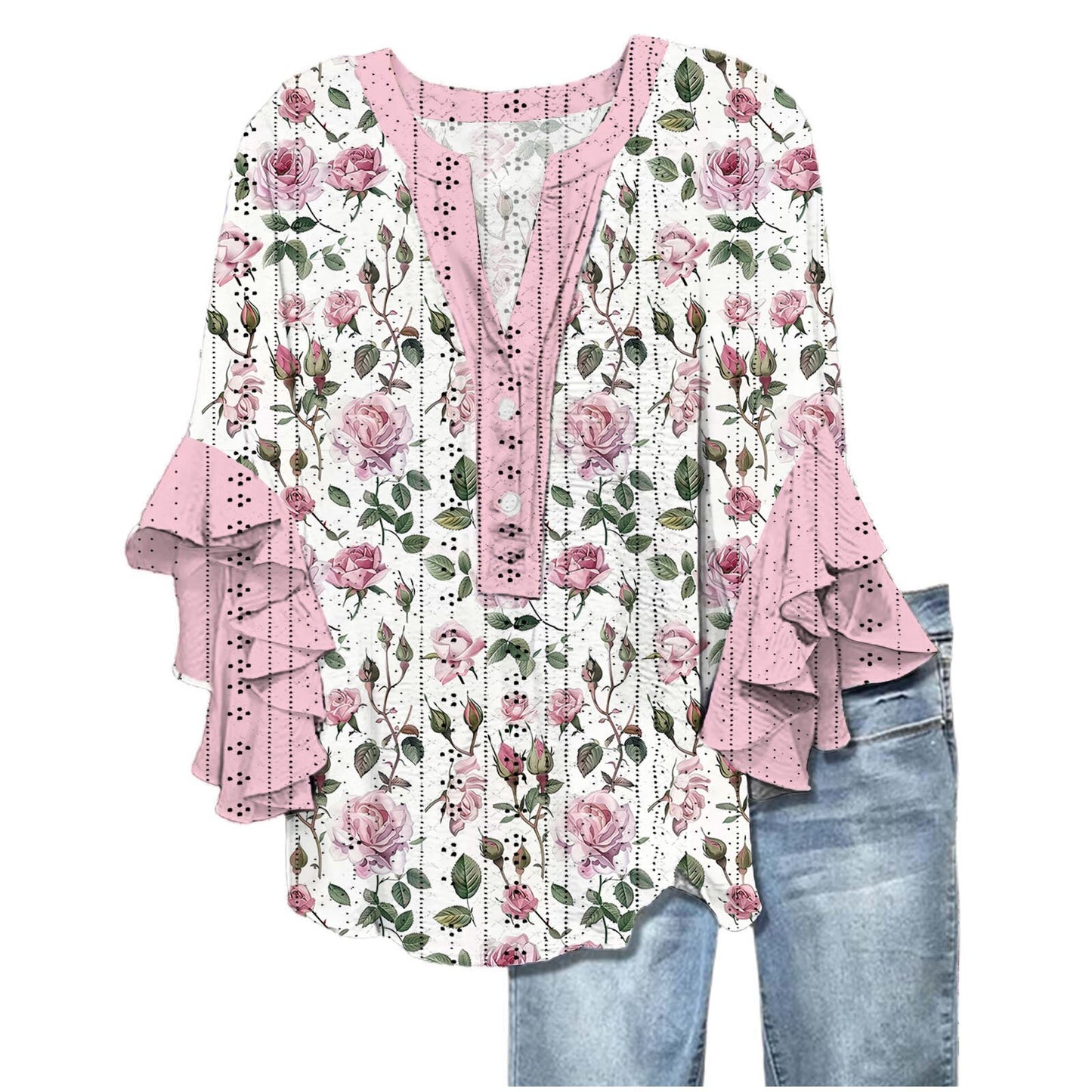 Printed Casual Trend V-neck Flounce Sleeve T-shirt