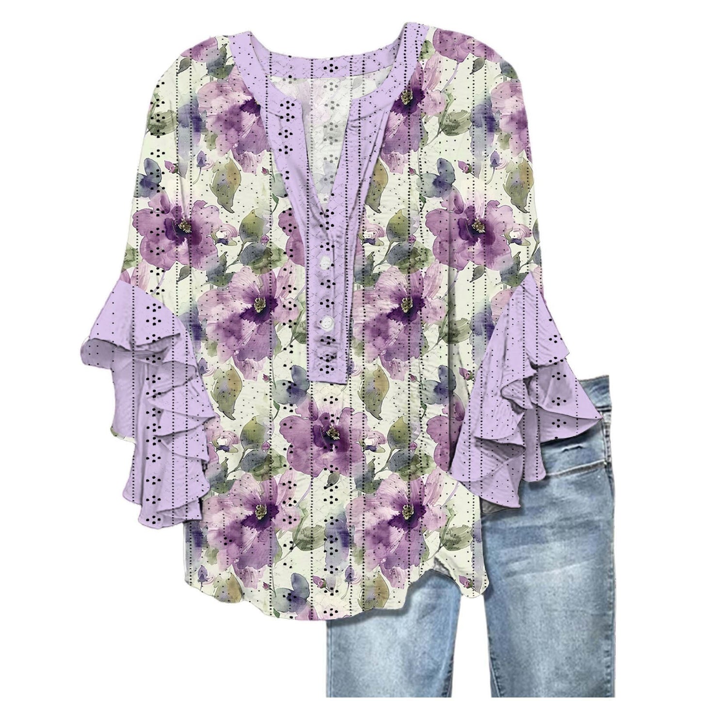 Printed Casual Trend V-neck Flounce Sleeve T-shirt
