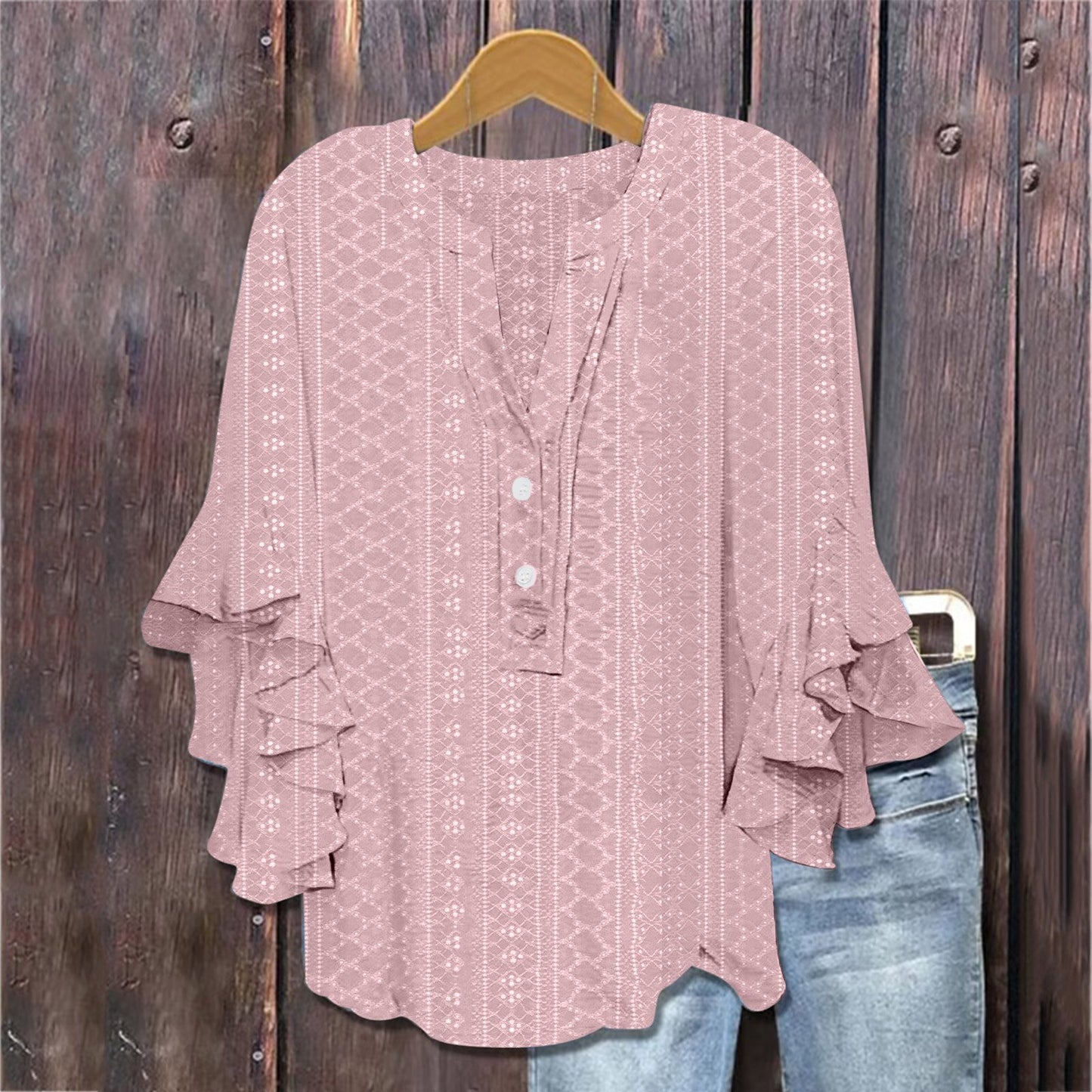 Printed Casual Trend V-neck Flounce Sleeve T-shirt