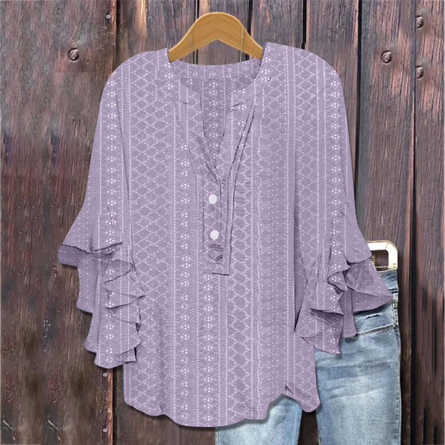 Printed Casual Trend V-neck Flounce Sleeve T-shirt