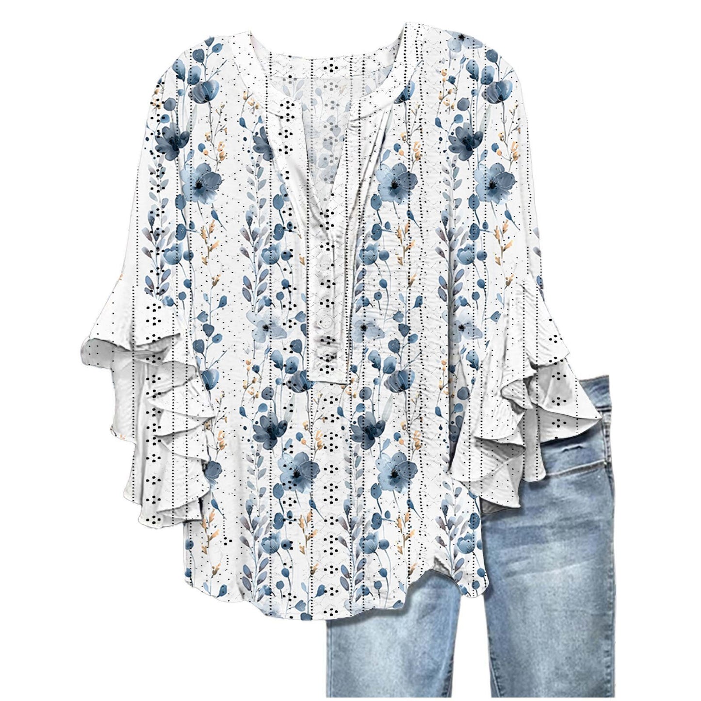 Printed Casual Trend V-neck Flounce Sleeve T-shirt
