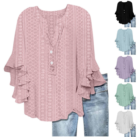 Printed Casual Trend V-neck Flounce Sleeve T-shirt