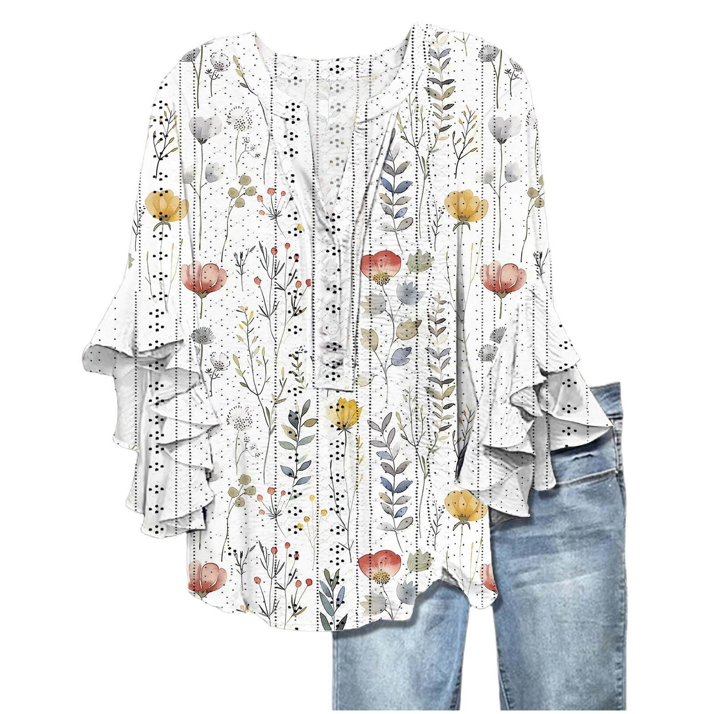 Printed Casual Trend V-neck Flounce Sleeve T-shirt