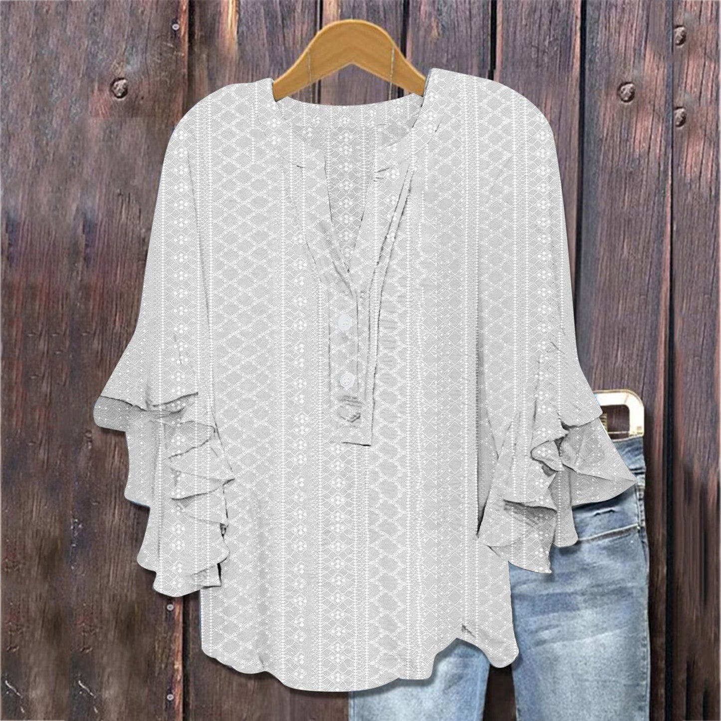 Printed Casual Trend V-neck Flounce Sleeve T-shirt